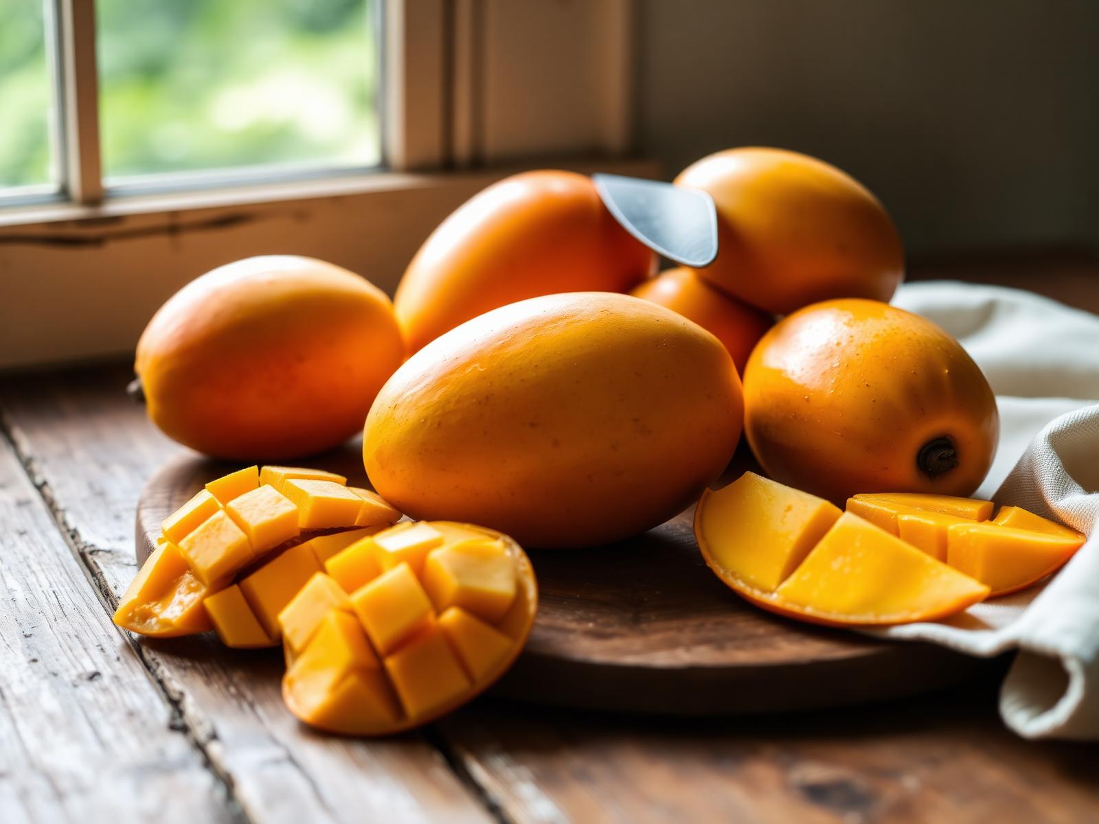 Fresh Alphonso mangoes on a rustic wooden table